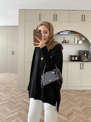 Düğmeli Merserize Kazak Siyah