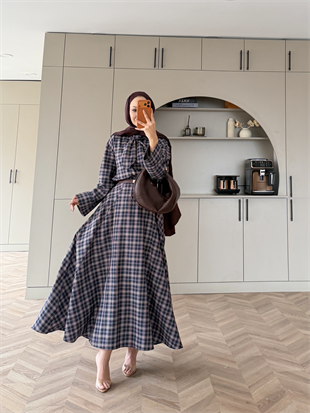 Ebony Bağlamalı Ekose Etekli Takım Bordo-Lacivert (2336)