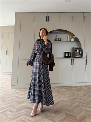 Ebony Bağlamalı Ekose Etekli Takım Bordo-Lacivert (2336)