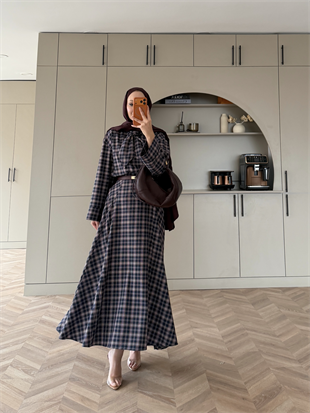 Ebony Bağlamalı Ekose Etekli Takım Bordo-Lacivert (2336)