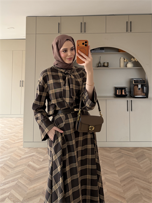 Ebony Bağlamalı Ekose Etekli Takım Haki-Acı Kahve (2336)