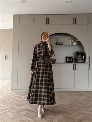 Ebony Bağlamalı Ekose Etekli Takım Haki-Acı Kahve (2336)