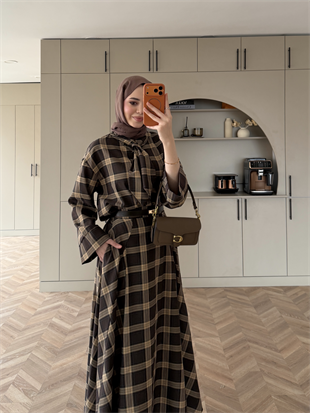 Ebony Bağlamalı Ekose Etekli Takım Haki-Acı Kahve (2336)