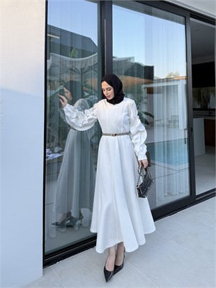 Ece Fırfır Detaylı Scuba Elbise Beyaz (8073)