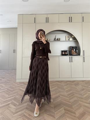 Ekose Desen Şifon Etek Kahve
