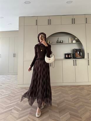 Ekose Desen Şifon Etek Kahve