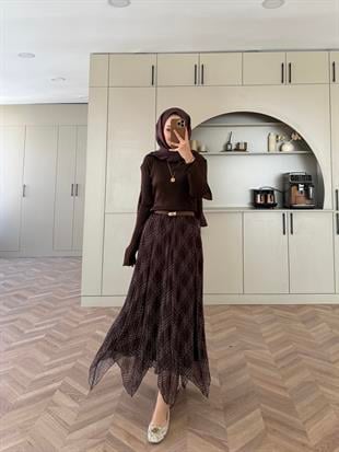 Ekose Desen Şifon Etek Kahve