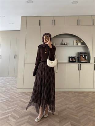 Ekose Desen Şifon Etek Kahve