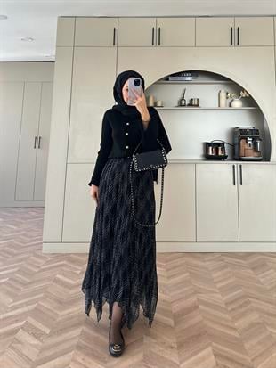 Ekose Desen Şifon Etek Siyah