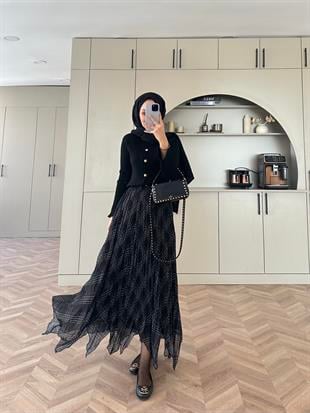 Ekose Desen Şifon Etek Siyah