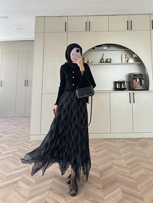 Ekose Desen Şifon Etek Siyah