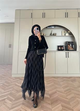 Ekose Desen Şifon Etek Siyah