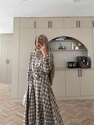 Ekose Elbise Bej-Haki