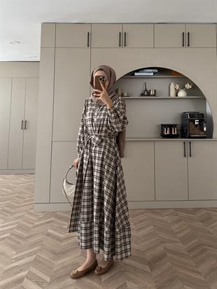 Ekose Elbise Bej-Haki