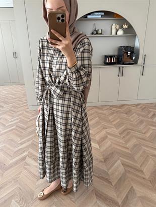 Ekose Elbise Bej-Haki