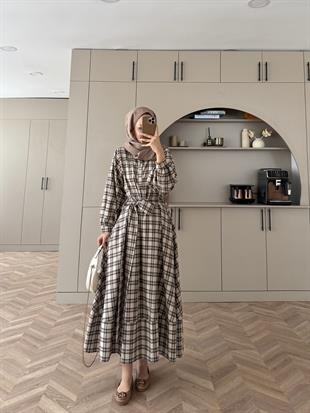 Ekose Elbise Bej-Haki