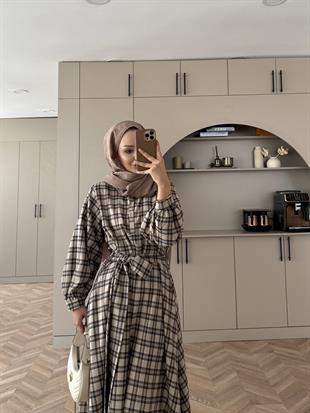 Ekose Elbise Bej-Haki