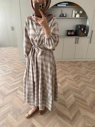 Ekose Elbise Sütlü Kahve-Ekru