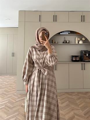 Ekose Elbise Sütlü Kahve-Ekru