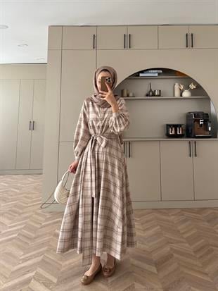 Ekose Elbise Sütlü Kahve-Ekru