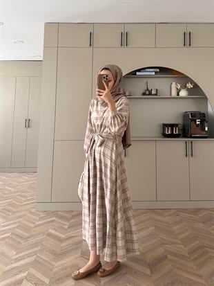 Ekose Elbise Sütlü Kahve-Ekru