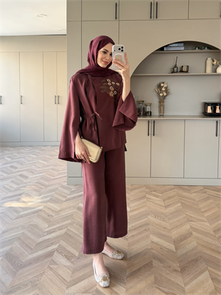 Eldin İşlemeli Modal Takım Bordo (5706)