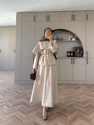 Elegant Pelerinli Etekli Takım Ekru (4454)