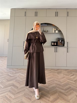 Elegant Pelerinli Etekli Takım Kahve (4454)
