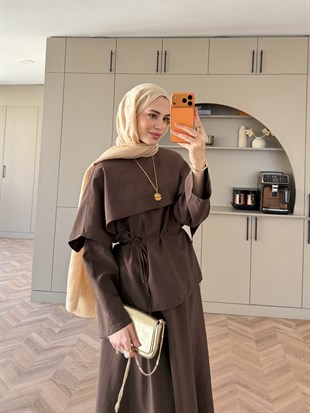 Elegant Pelerinli Etekli Takım Kahve (4454)