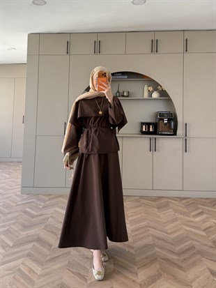 Elegant Pelerinli Etekli Takım Kahve (4454)