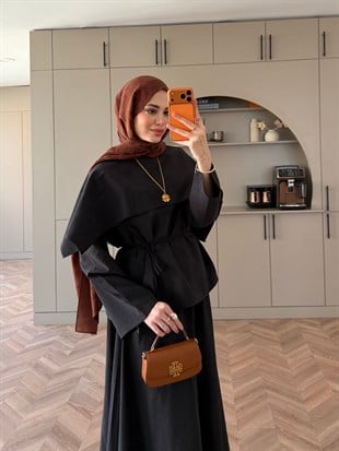 Elegant Pelerinli Etekli Takım Siyah (4454)