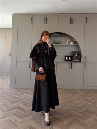Elegant Pelerinli Etekli Takım Siyah (4454)