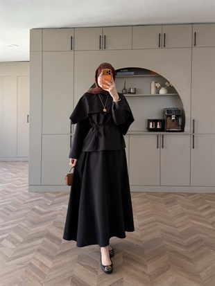 Elegant Pelerinli Etekli Takım Siyah (4454)
