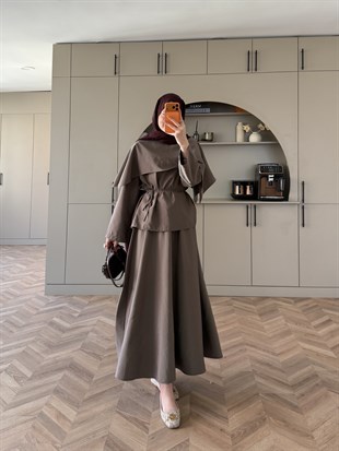 Elegant Pelerinli Etekli Takım Vizon (4454)