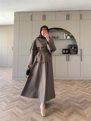 Elegant Pelerinli Etekli Takım Vizon (4454)