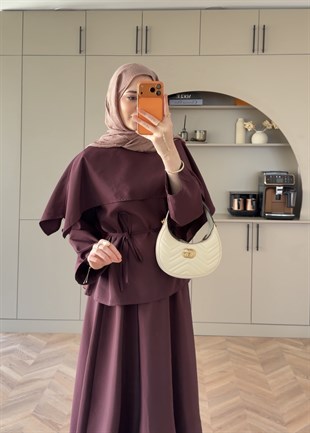 Elegant Pelerinli Etekli Takm Mürdüm (4454)