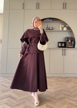 Elegant Pelerinli Etekli Takm Mürdüm (4454)
