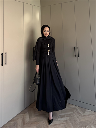 Elite Drapeli Sandy Elbise Siyah (1897)