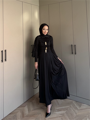 Elite Drapeli Sandy Elbise Siyah (1897)