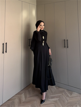 Elite Drapeli Sandy Elbise Siyah (1897)