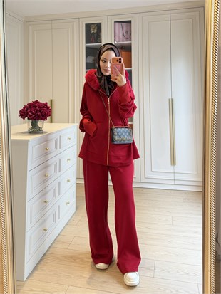 Ella Kürk Yaka Detaylı Pantolonlu Takım Kırmızı (8078)