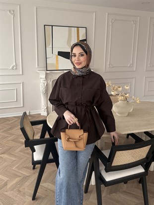 Elvi Düğme Detaylı Gömlek Acı Kahve 