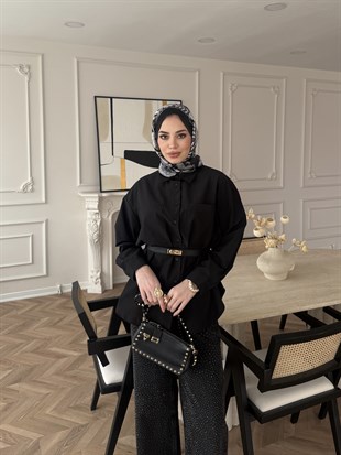 Elvi Düğme Detaylı Gömlek Siyah