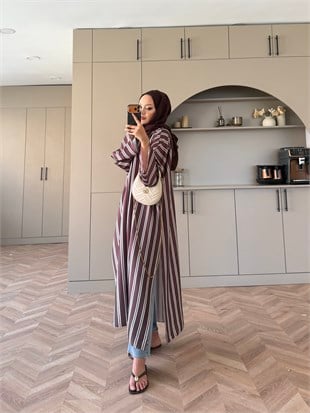 Ely Çizgili Saten Yırtmaçlı Bluz Kahve (4536)