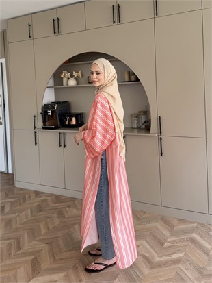 Ely Çizgili Saten Yırtmaçlı Bluz  Somon (4536)