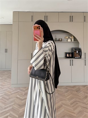 Ely Çizgili Saten Yırtmaçlı Bluz Siyah (4536)