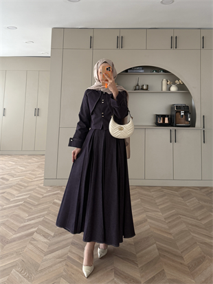 Elya Pelerin Detaylı Kot Etekli Takım Mürdüm (4409)