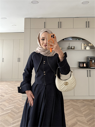 Elya Pelerin Detaylı Kot Etekli Takım Lacivert (4409)