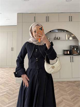 Elya Pelerin Detaylı Kot Etekli Takım Lacivert (4409)