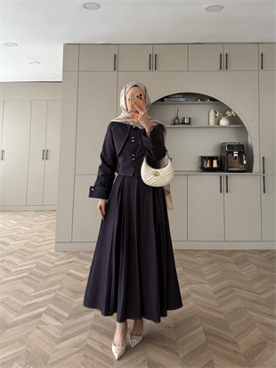 Elya Pelerin Detaylı Kot Etekli Takım Mürdüm (4409)